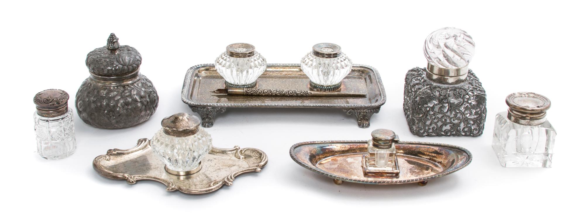 A Collection of Sterling and Silverplate Mounted Inkwells, Width of widest tray 8 3/4 inches.