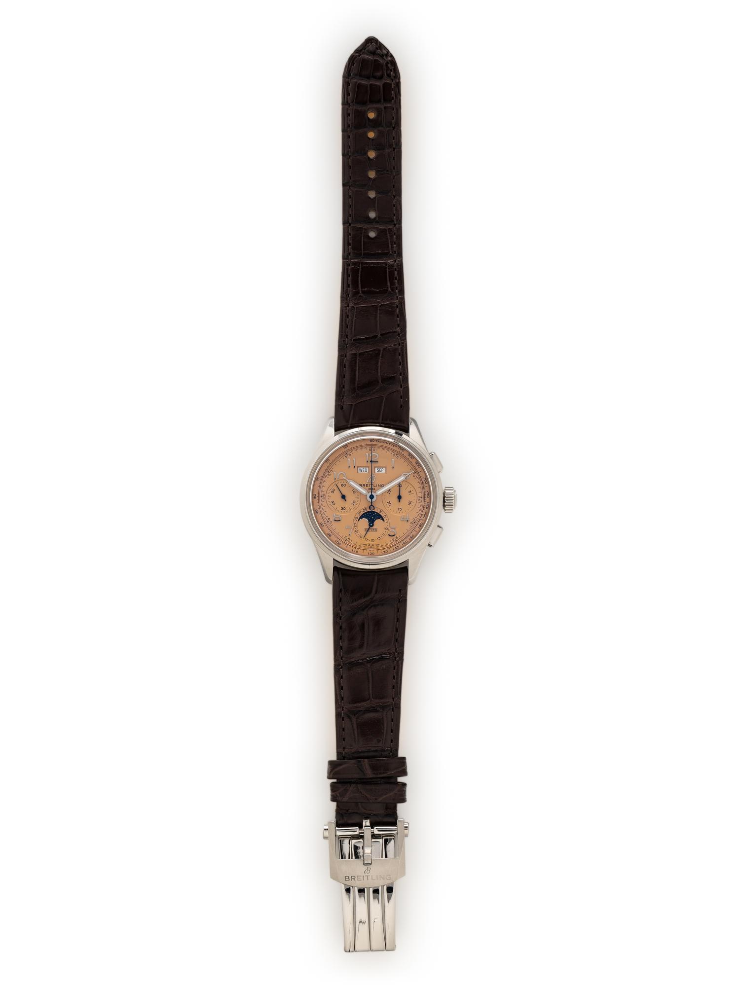 BREITLING, REF. AB25 STAINLESS STEEL 'PREMIER B25 DATORA 42' SALMON DIAL CHRONOGRAPH ANNUAL CALENDAR MOONPHASE WATCH, BOX & PAPERS