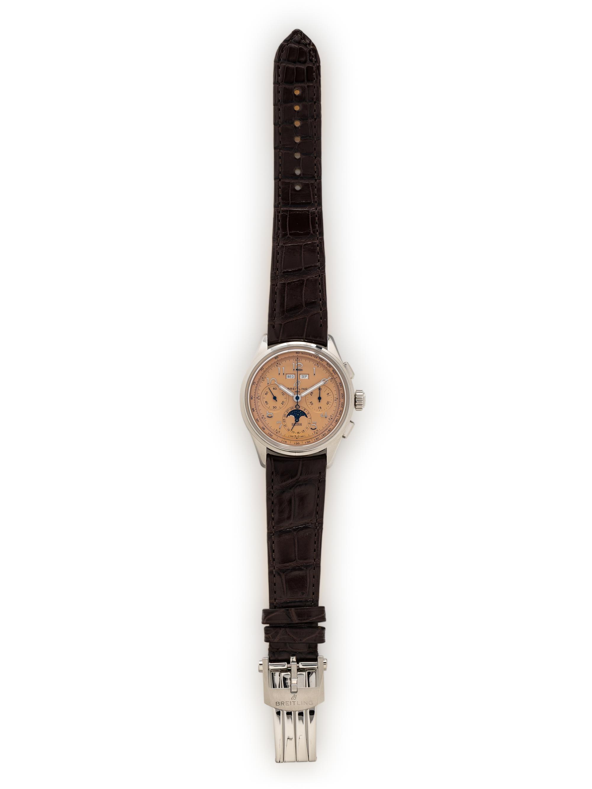 BREITLING, REF. AB25 STAINLESS STEEL 'PREMIER B25 DATORA 42' SALMON DIAL CHRONOGRAPH ANNUAL CALENDAR MOONPHASE WATCH, BOX & PAPERS