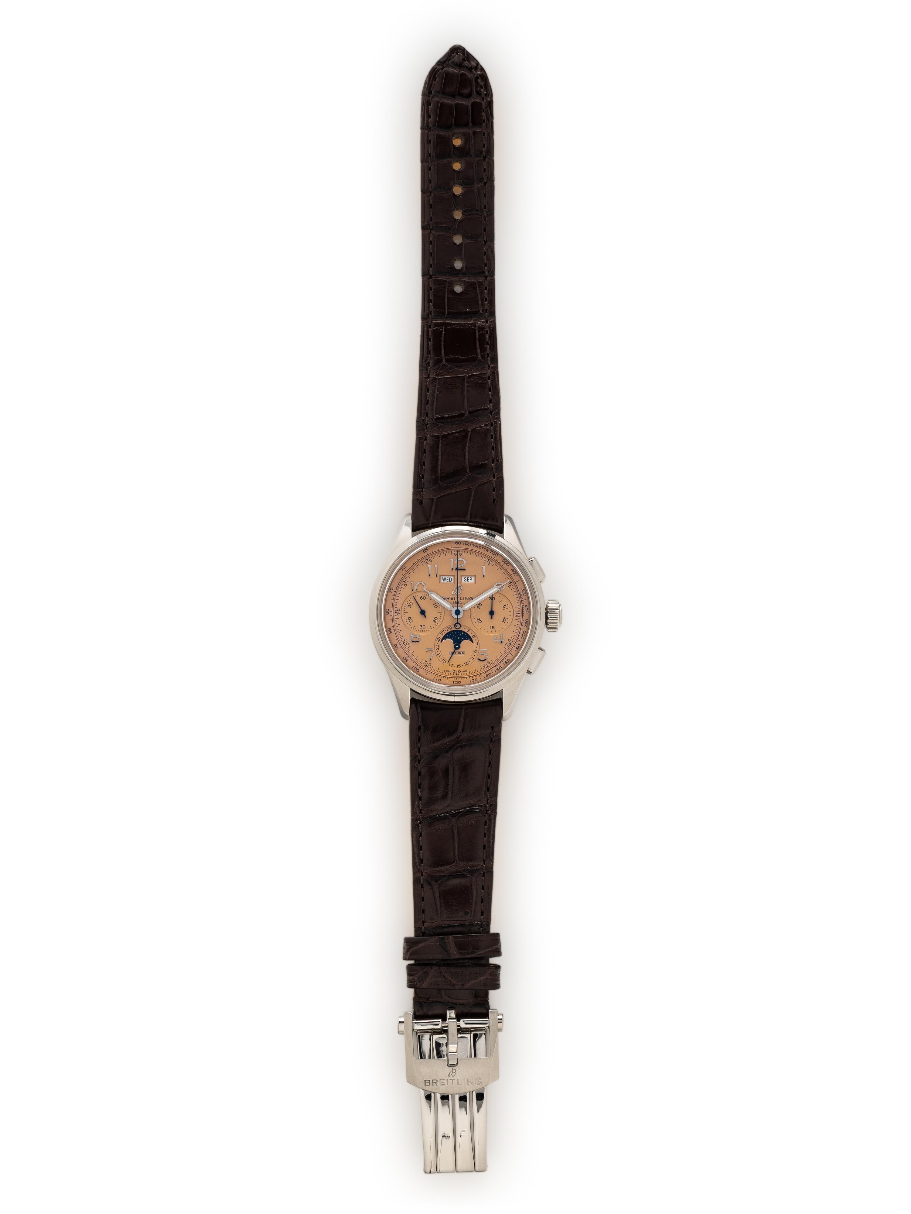 BREITLING, REF. AB25 STAINLESS STEEL 'PREMIER B25 DATORA 42' SALMON DIAL CHRONOGRAPH ANNUAL CALENDAR MOONPHASE WATCH, BOX & PAPERS