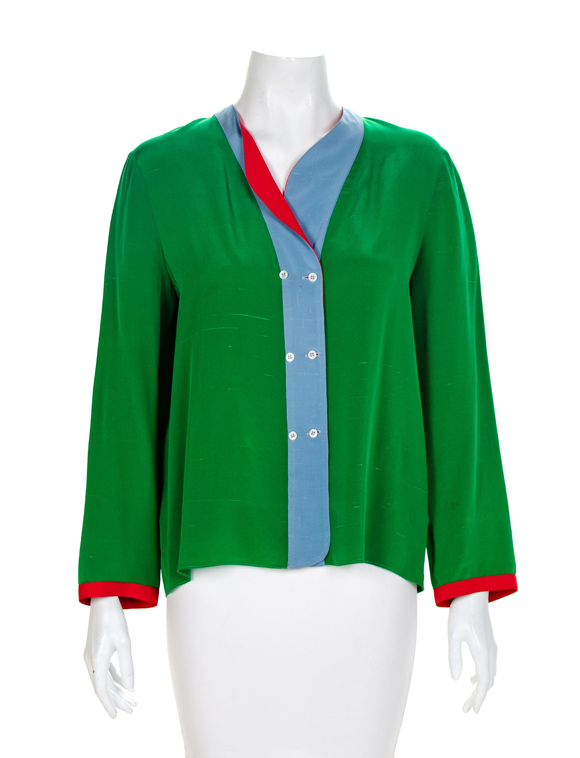 Geoffrey Beene Double-Breasted Green Blouse, 1980-90s Size label: 12