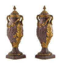 A Pair of Louis XV Style Gilt Bronze Mounted Porphyry Urns