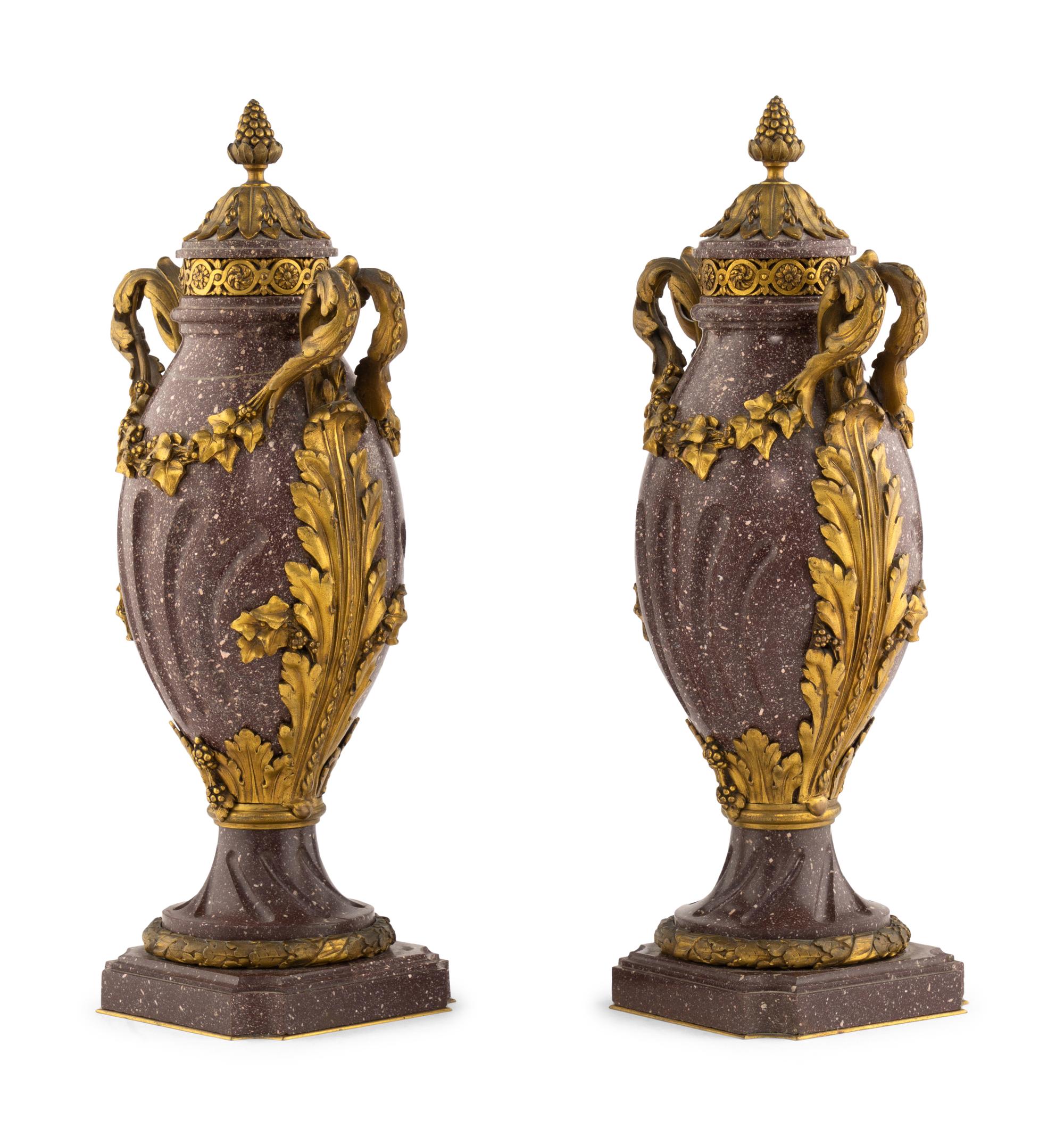 A Pair of Louis XV Style Gilt Bronze Mounted Porphyry Urns