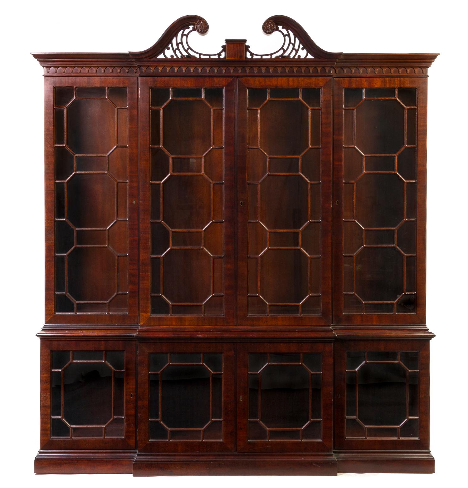 A Georgian Style Mahogany Breakfront Display Cabinet, Height 88 1/4 x width 77 1/4 x depth 16 inches.