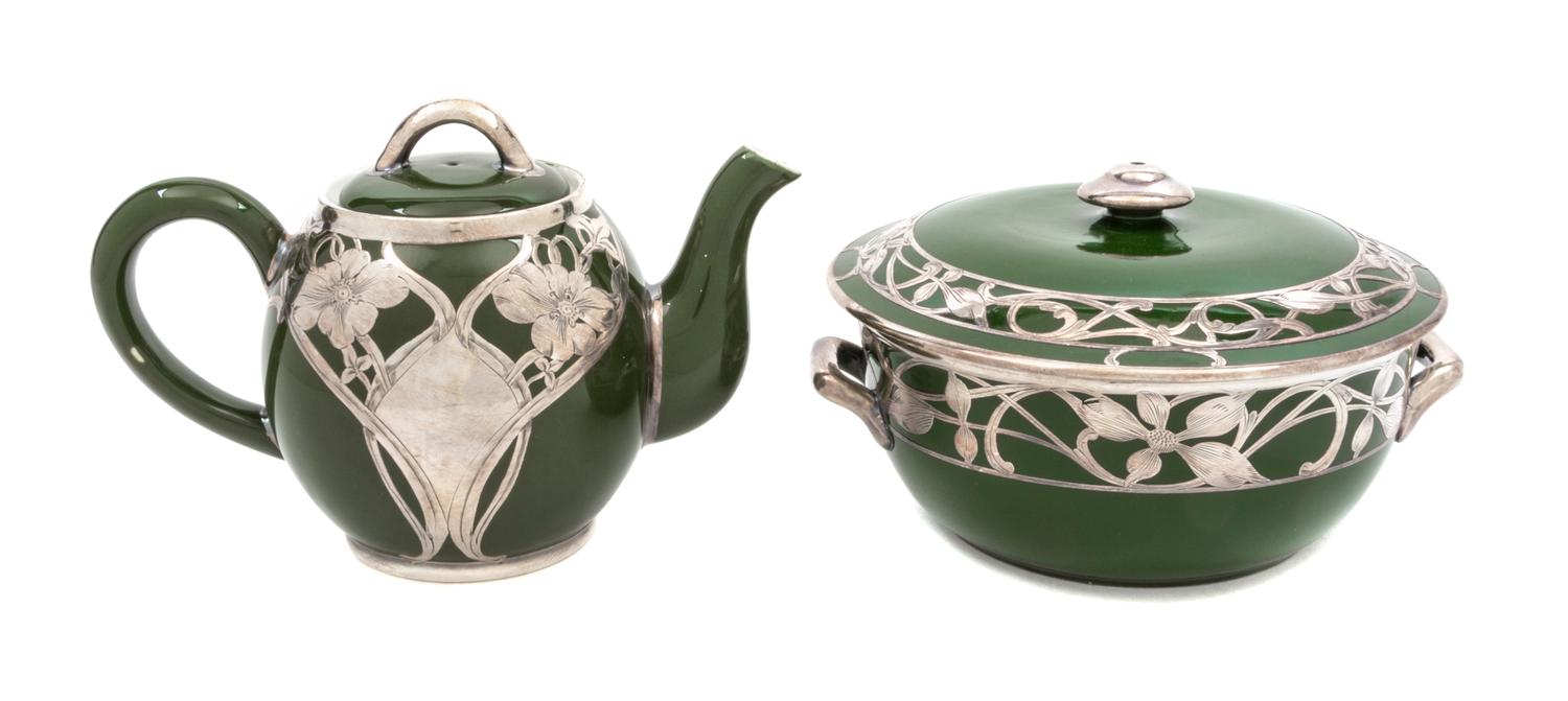Two Ceramic Silver Overlay Serving Articles Width of bowl over handles 8 1/2 inches.