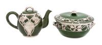 Two Ceramic Silver Overlay Serving Articles Width of bowl over handles 8 1/2 inches.