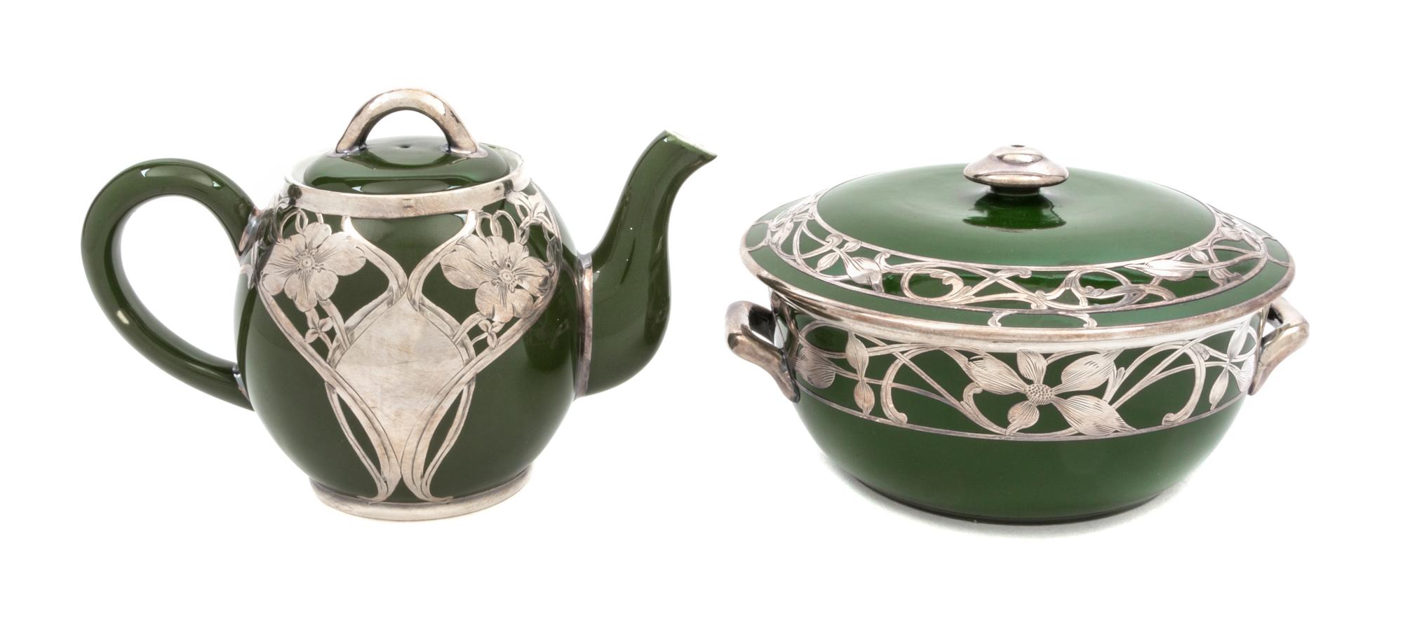 Two Ceramic Silver Overlay Serving Articles Width of bowl over handles 8 1/2 inches.