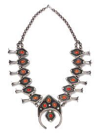 A Silver and Coral Squash Blossom Necklace, Native American, 162.60 dwts.