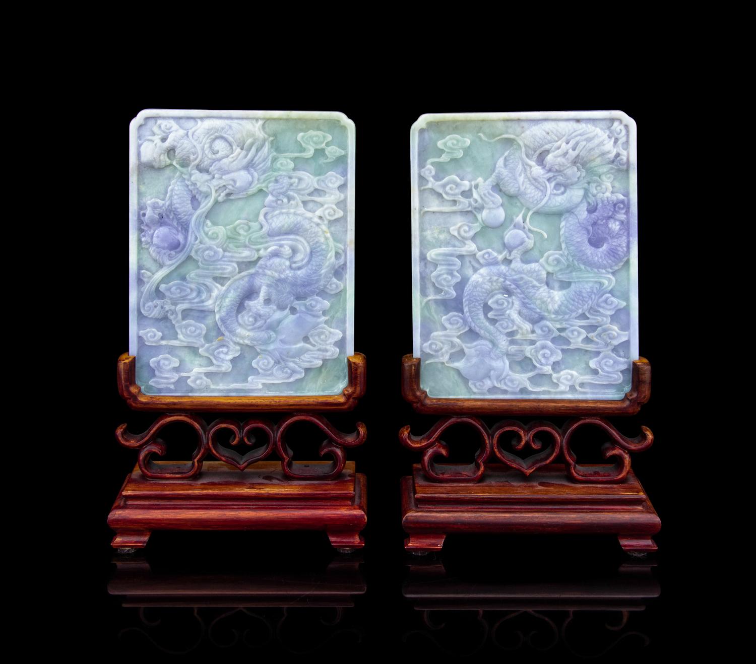 A Pair of Light Green and Lavendar Jadeite Table Screens