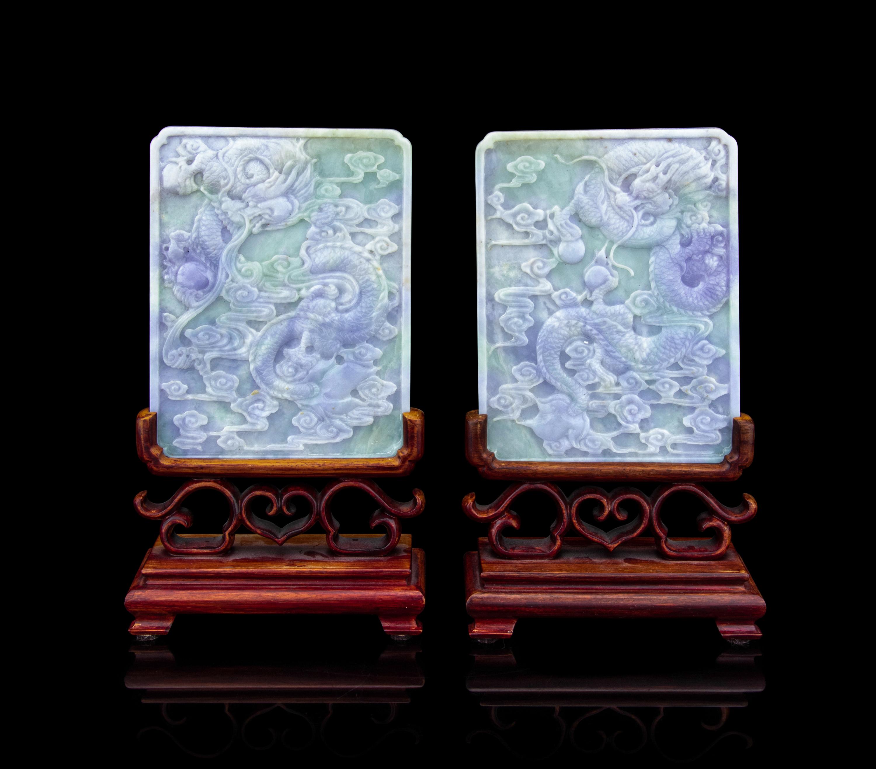 A Pair of Light Green and Lavendar Jadeite Table Screens