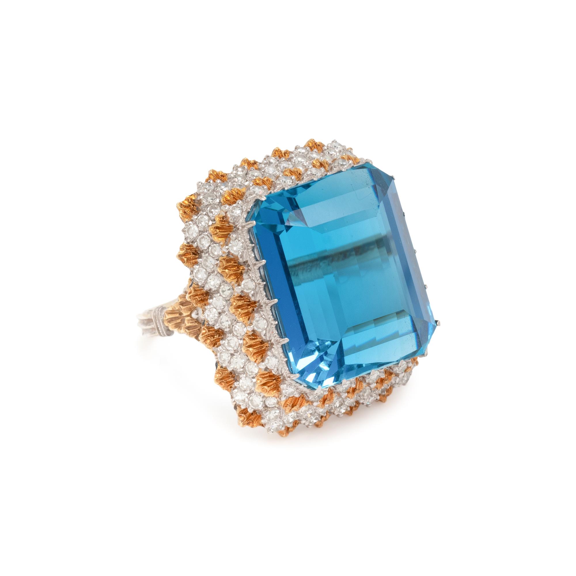 BUCCELLATI, AQUAMARINE, DIAMOND AND BICOLOR GOLD RING