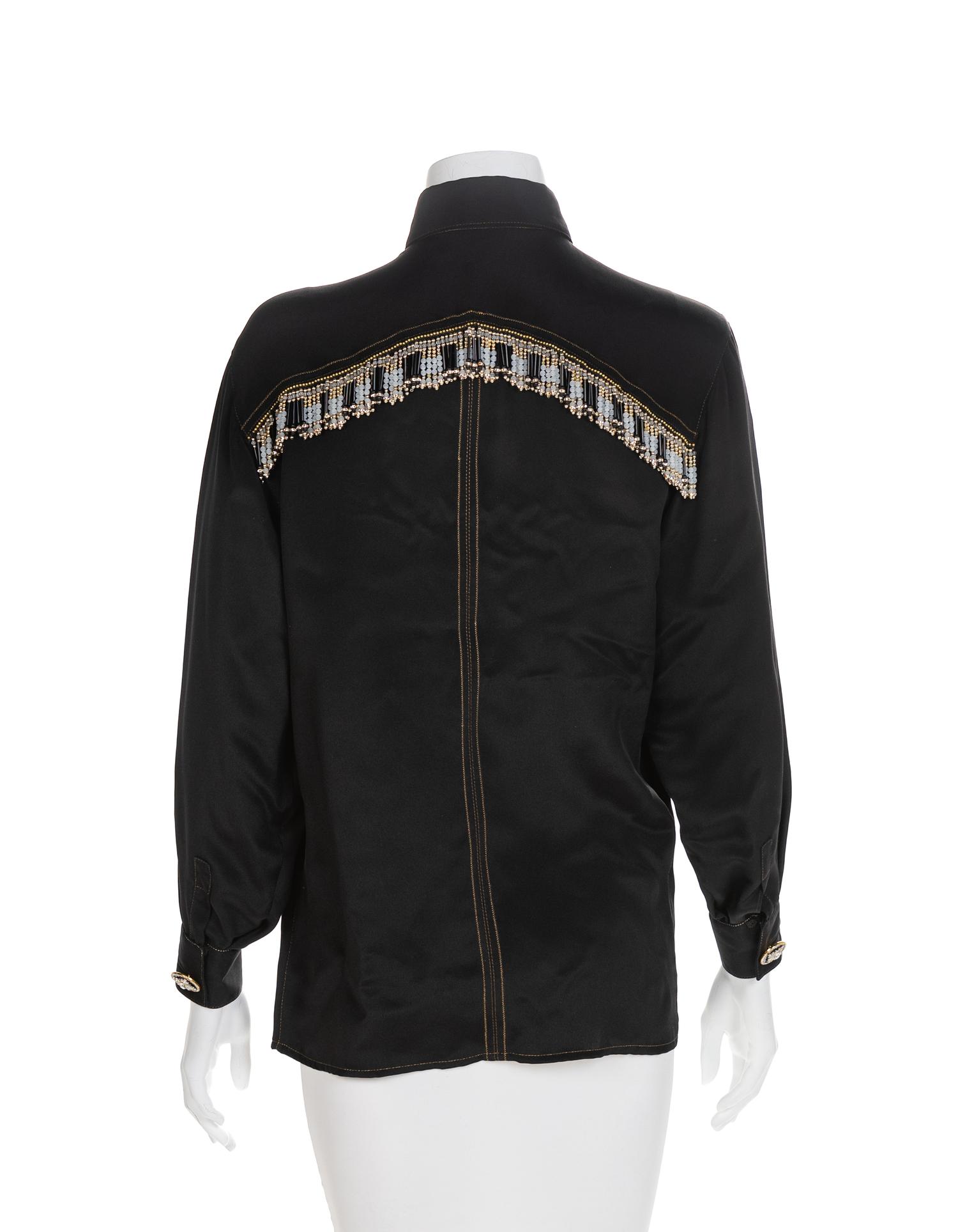 Atelier Versace Black Western Shirt with Beaded Fringe and Rhinestone Buttons, 1990s Size label: 42