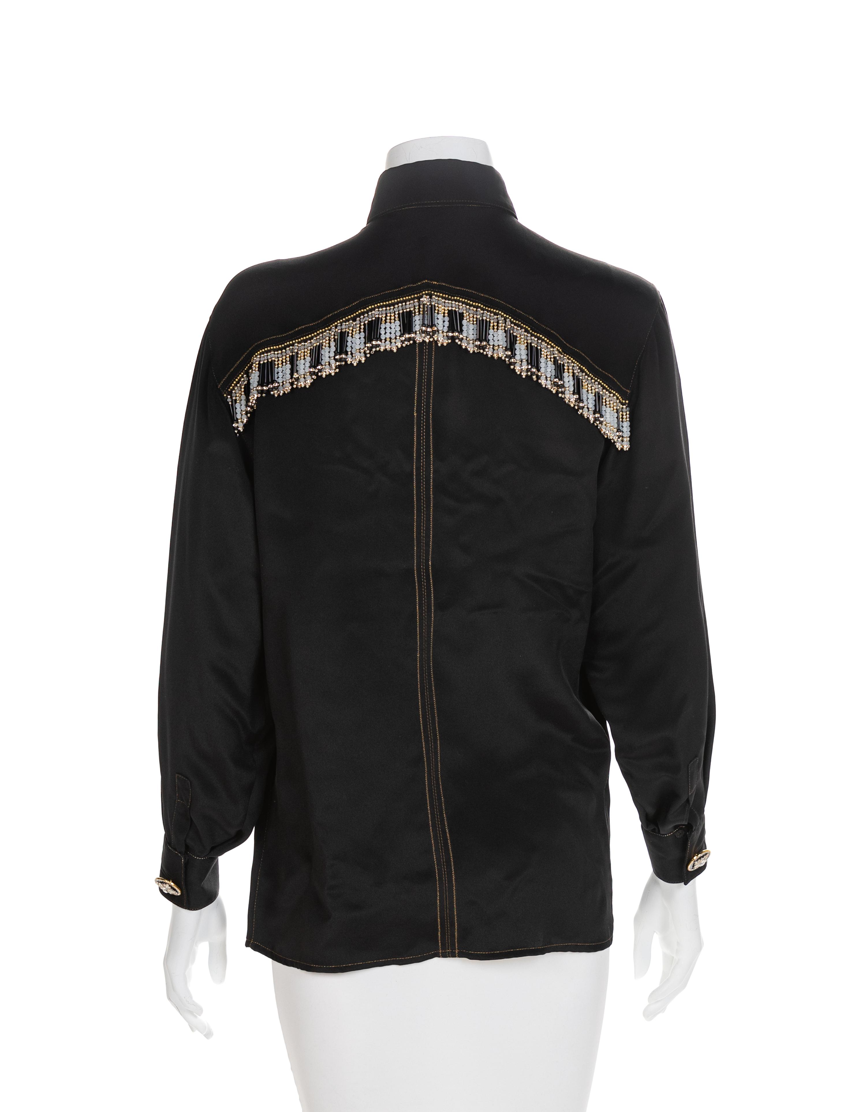 Atelier Versace Black Western Shirt with Beaded Fringe and Rhinestone Buttons, 1990s Size label: 42