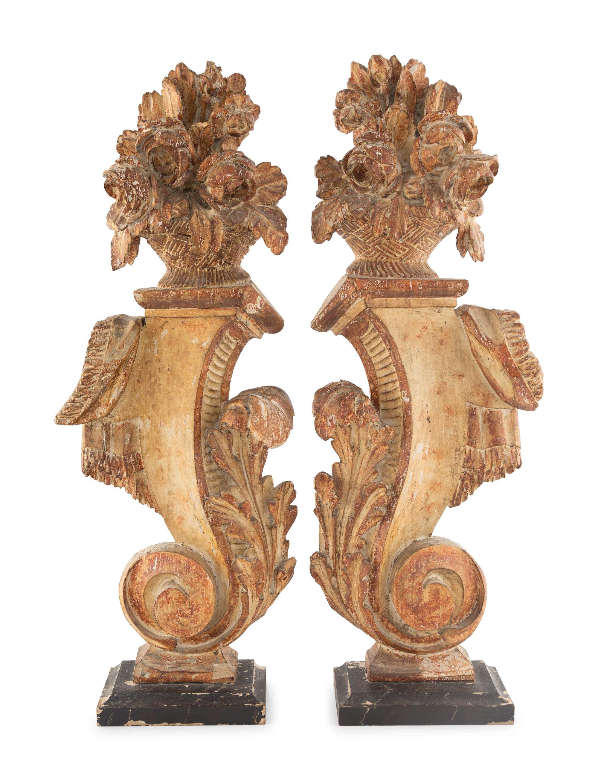 A Pair of Continental Carved and Painted Ornamental Finials
