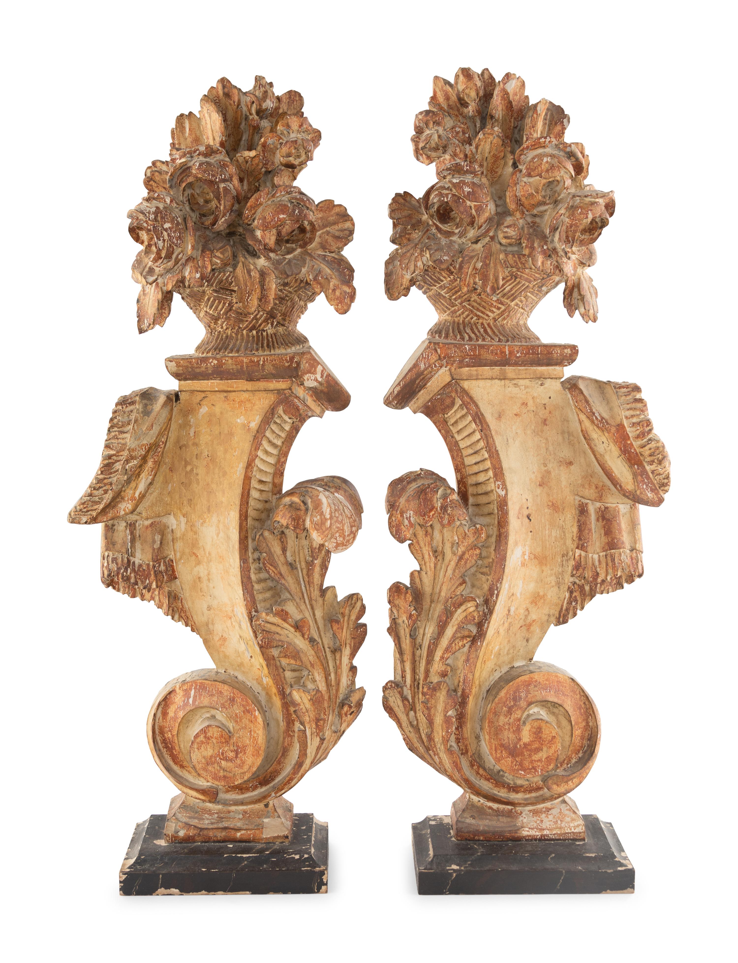 A Pair of Continental Carved and Painted Ornamental Finials