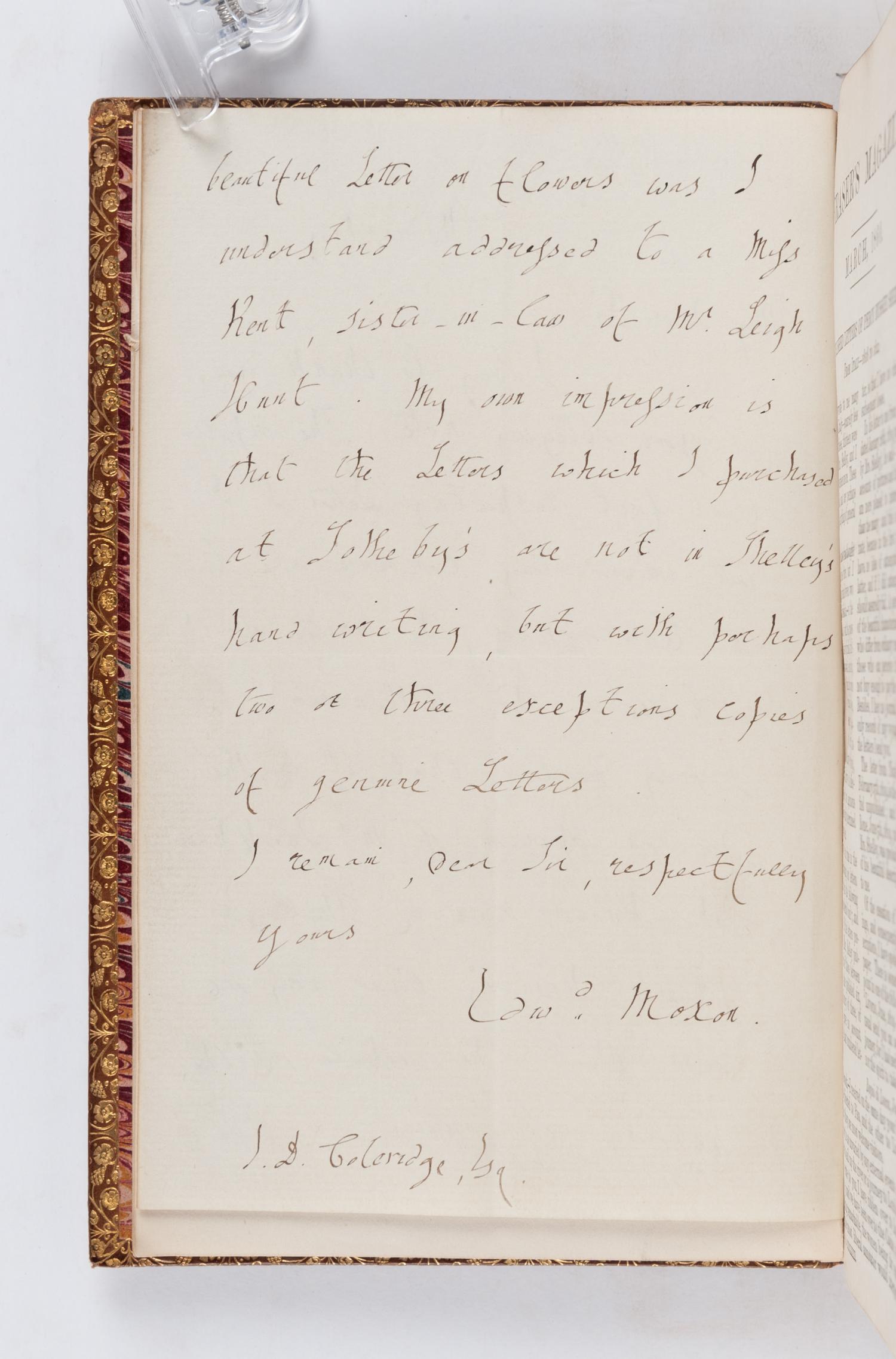SHELLEY, Percy Bysshe (1792-1822). Letters of Percy Bysshe Shelley . London: Edward Moxon, 1852.