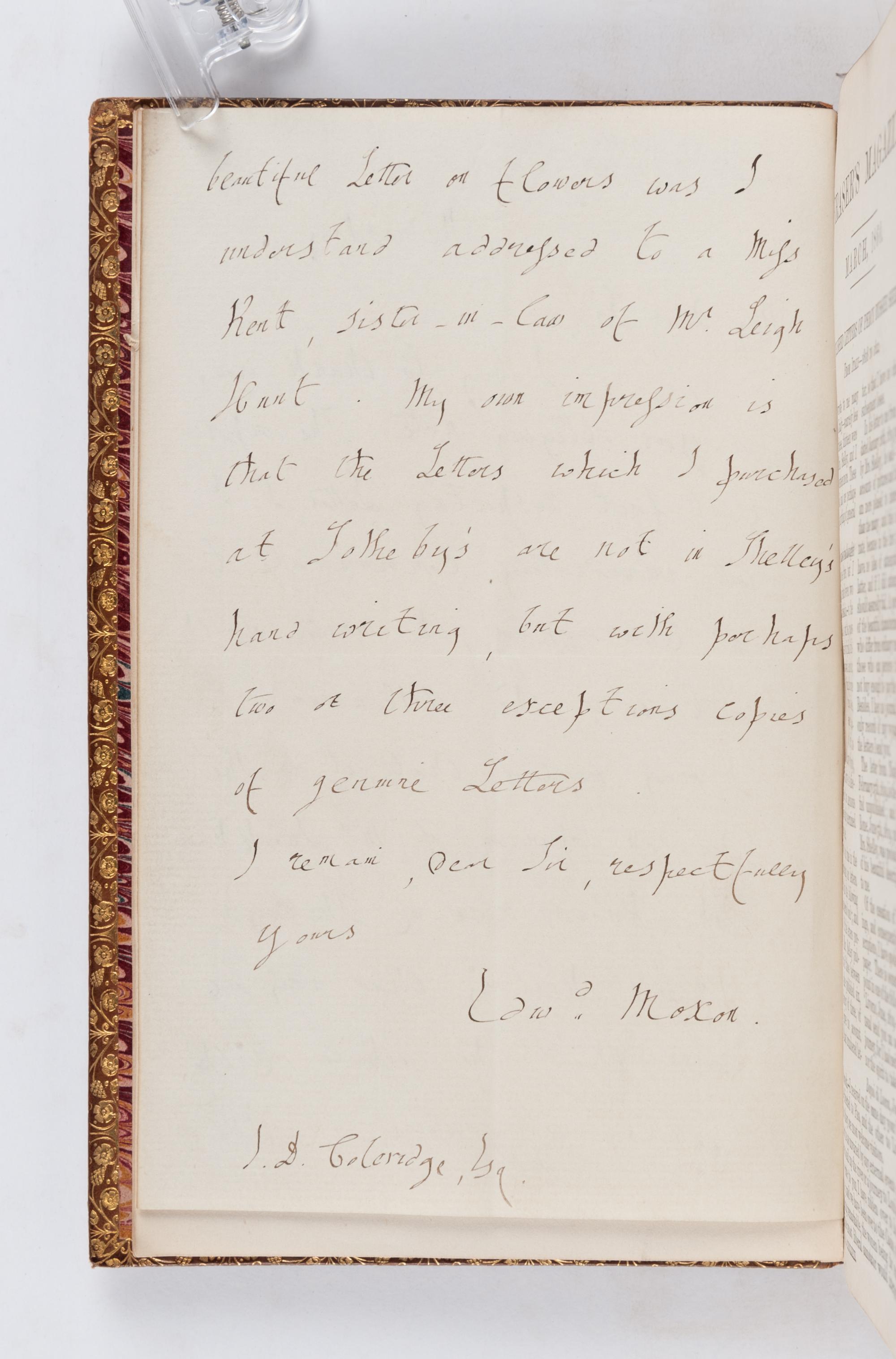 SHELLEY, Percy Bysshe (1792-1822). Letters of Percy Bysshe Shelley . London: Edward Moxon, 1852.