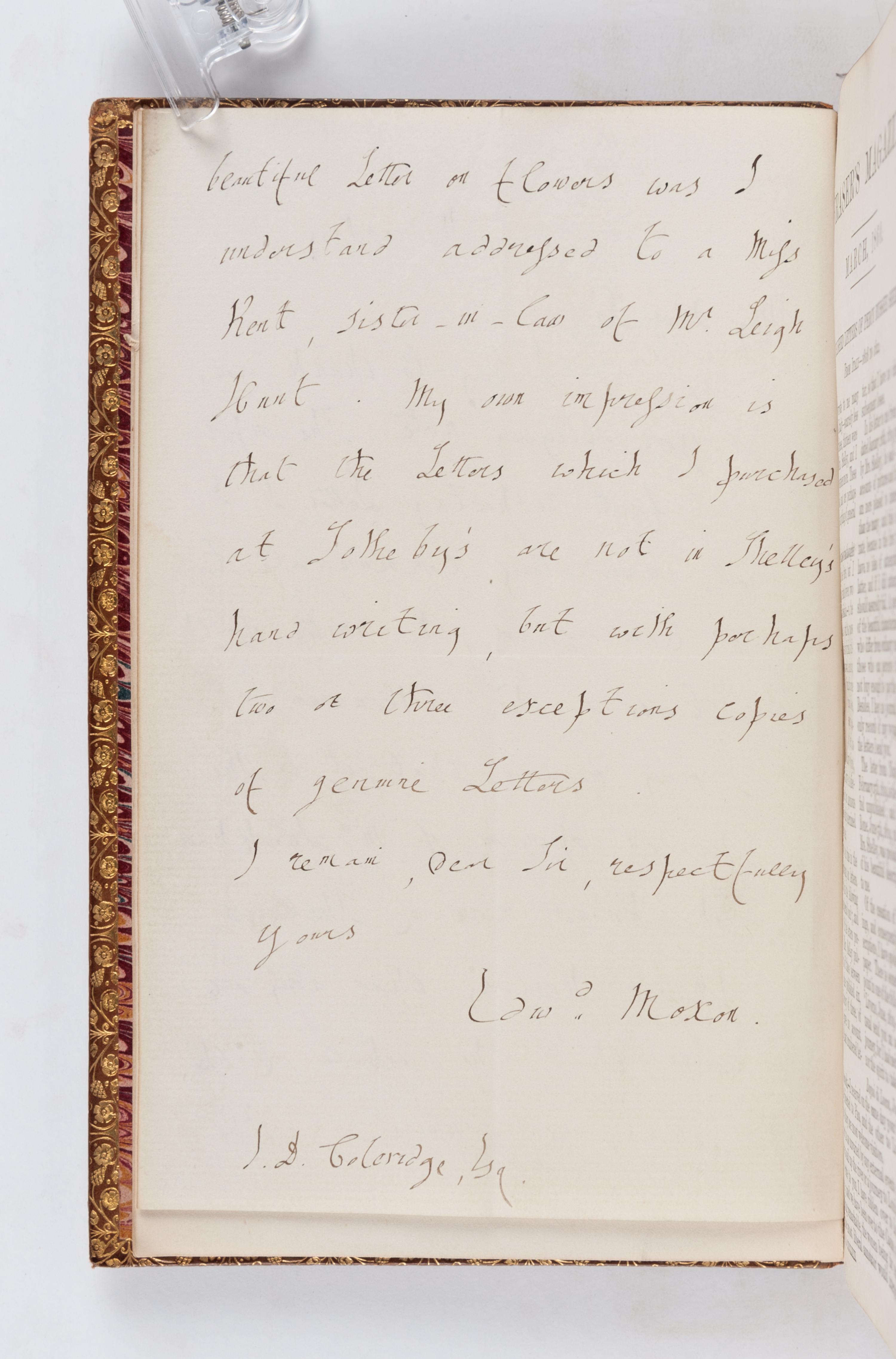 SHELLEY, Percy Bysshe (1792-1822). Letters of Percy Bysshe Shelley . London: Edward Moxon, 1852.