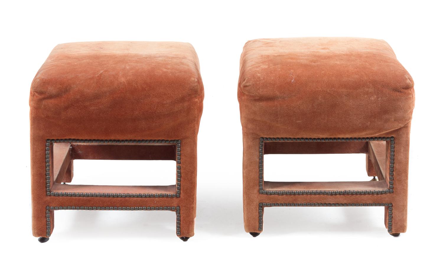 A Pair of Suede Upholstered Stools Height 28 x width 18 1/4 x depth 16 1/4 inches. — CIRCA 1970s