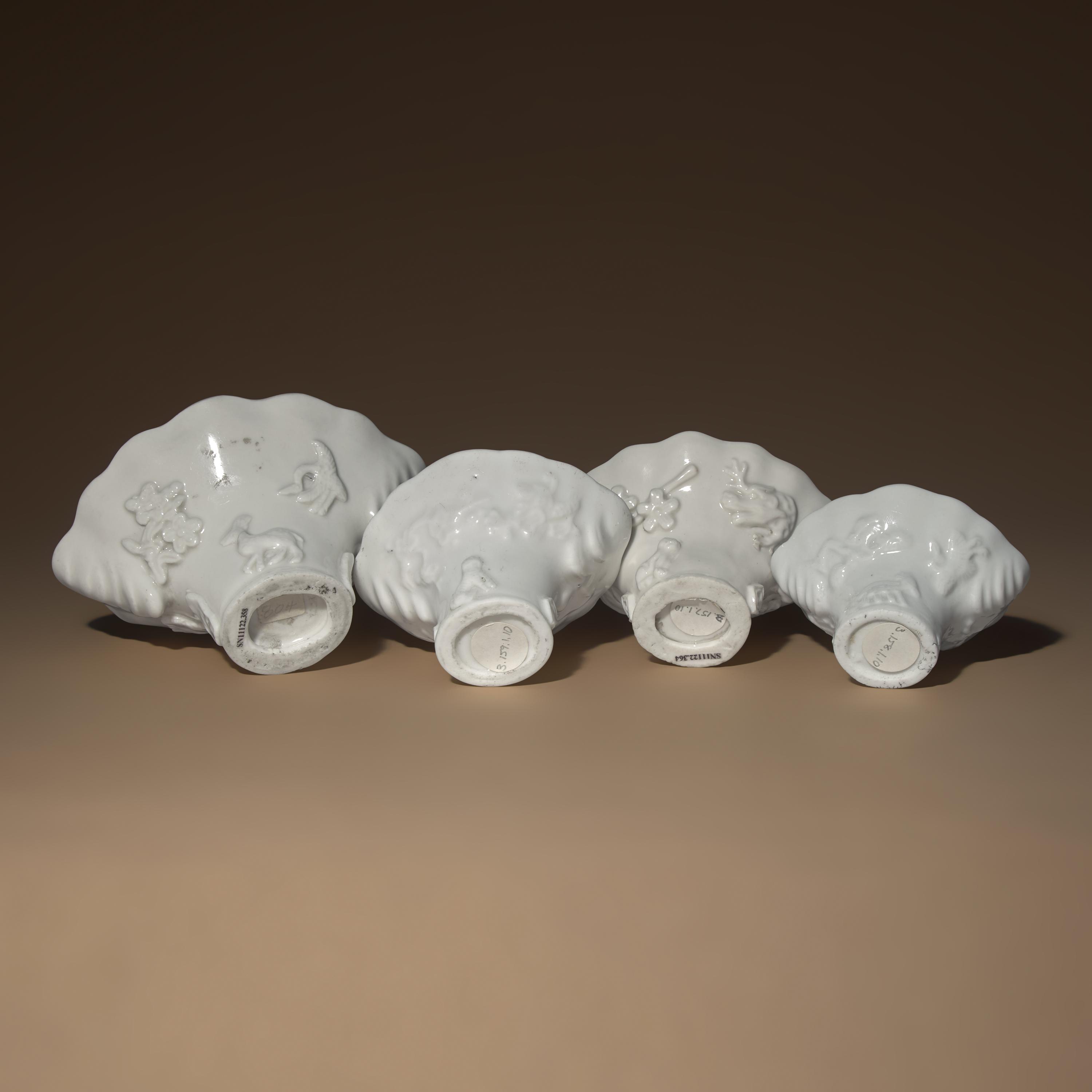 Four Chinese Blanc-de-Chine Porcelain Libation Cups, 18th Century — 清中期 德化白瓷瑞獸靈芝杯四件