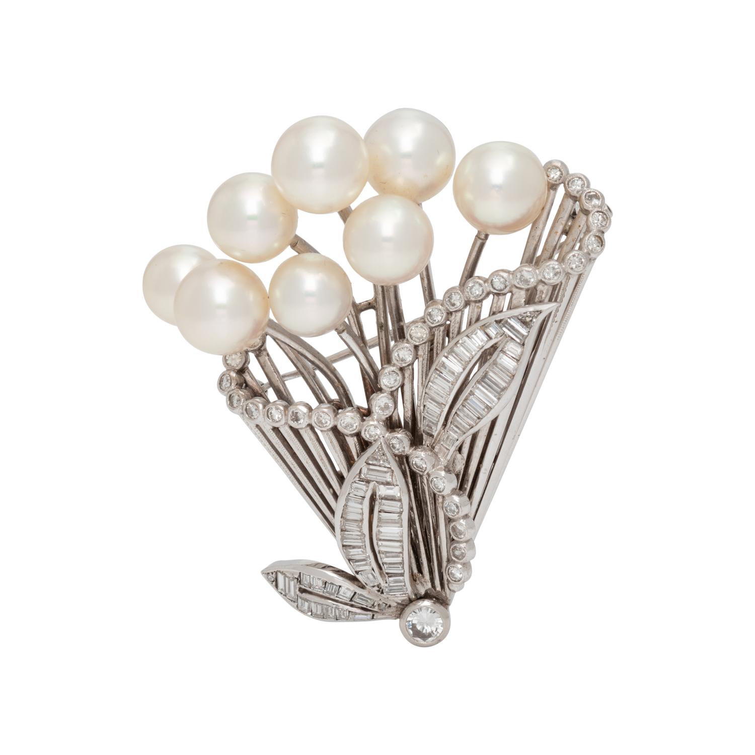 MIKIMOTO, CULTURED PEARL AND DIAMOND BROOCH