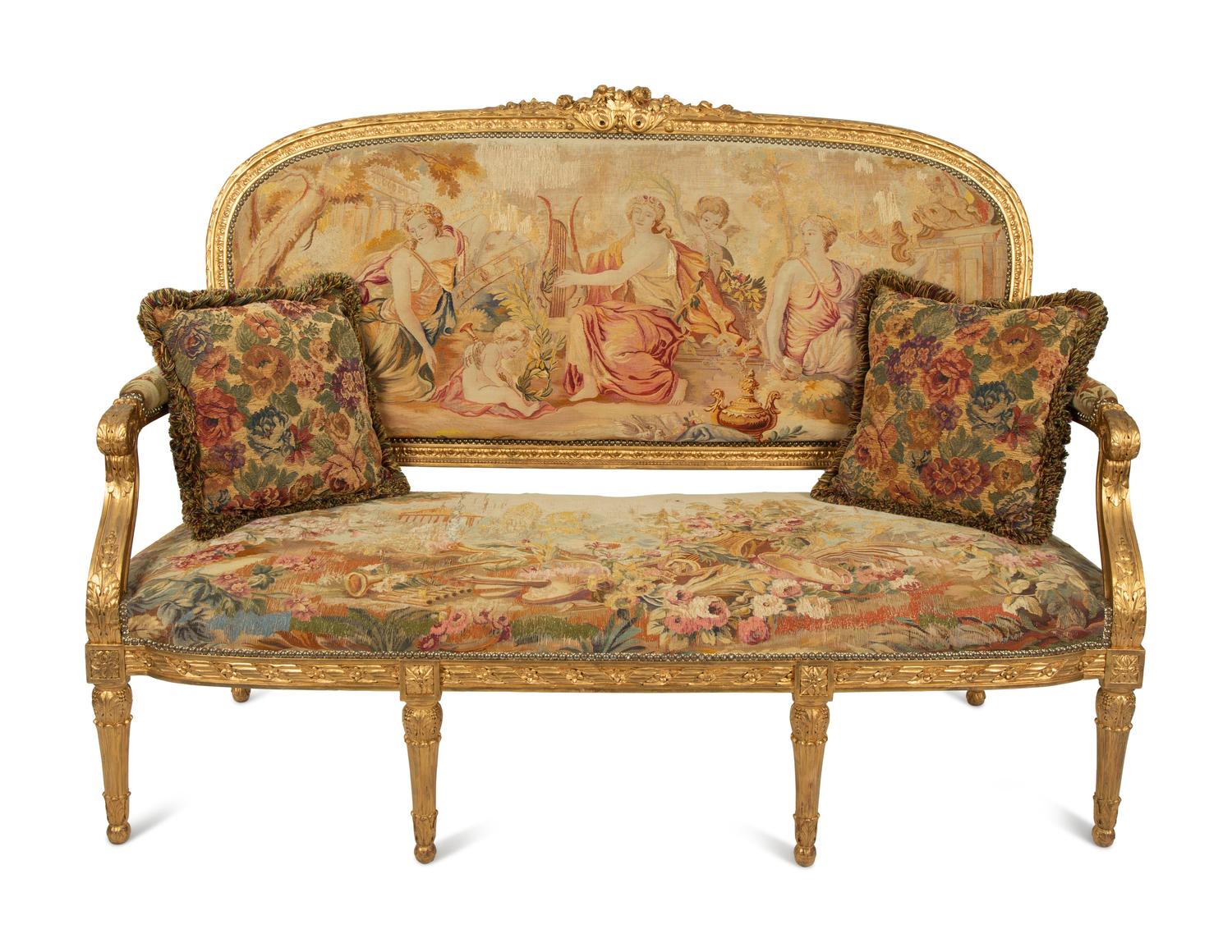 A Louis XVI Style Giltwood Settee with Tapestry Upholstery — 19TH CENTURY