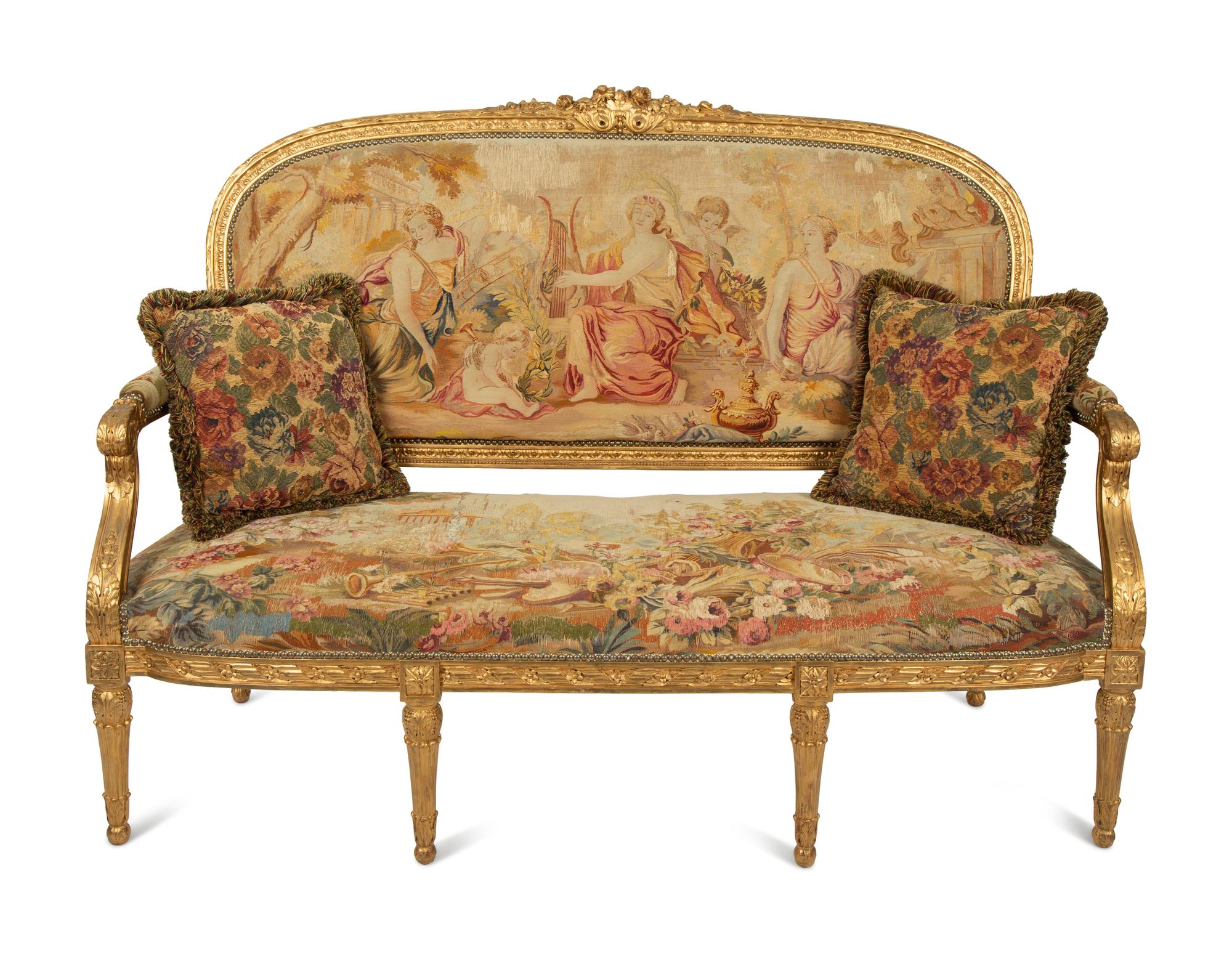 A Louis XVI Style Giltwood Settee with Tapestry Upholstery — 19TH CENTURY