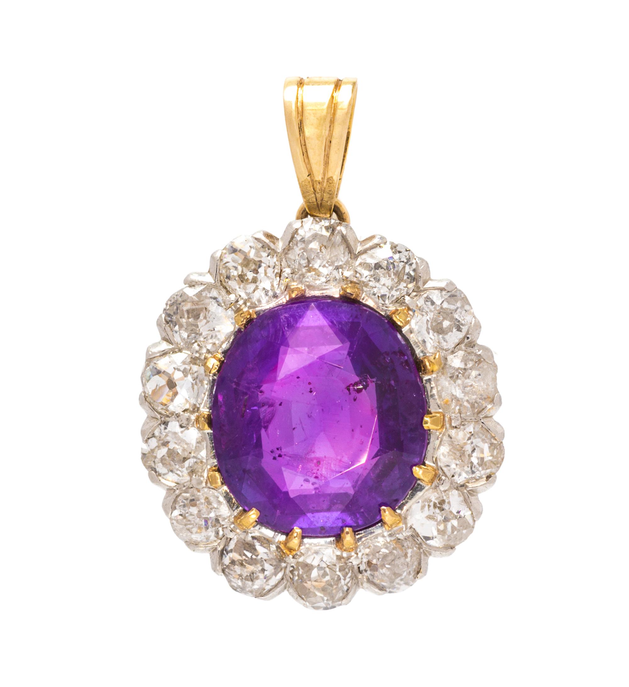 An Edwardian Platinum Topped Gold, Burmese Color Change Sapphire and Diamond Pendant, 4.00 dwts.