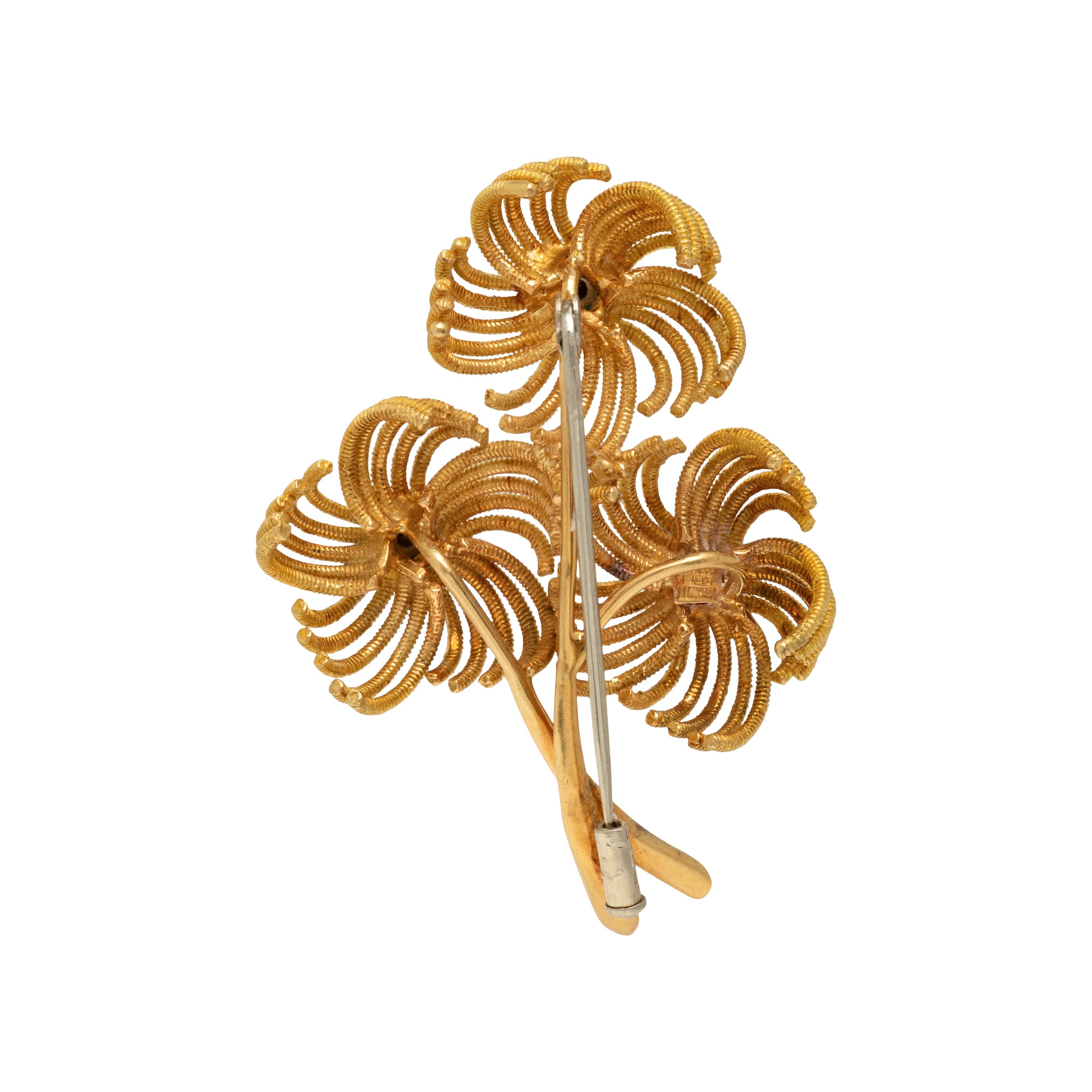 Yellow Gold, Emerald, and Diamond Flower Brooch