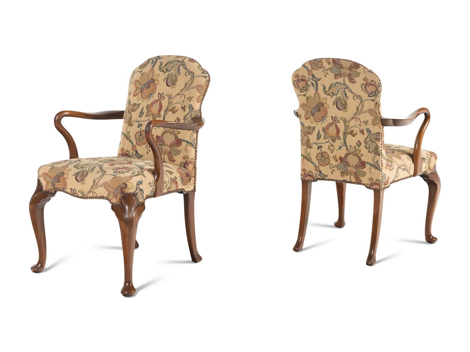 A Set of Four Queen Anne Style Walnut Armchairs
