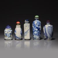 Five Chinese Blue and White Porcelain Snuff Bottles, 19th-Early 20th Century 晚清-民國 青花鼻烟壺五支