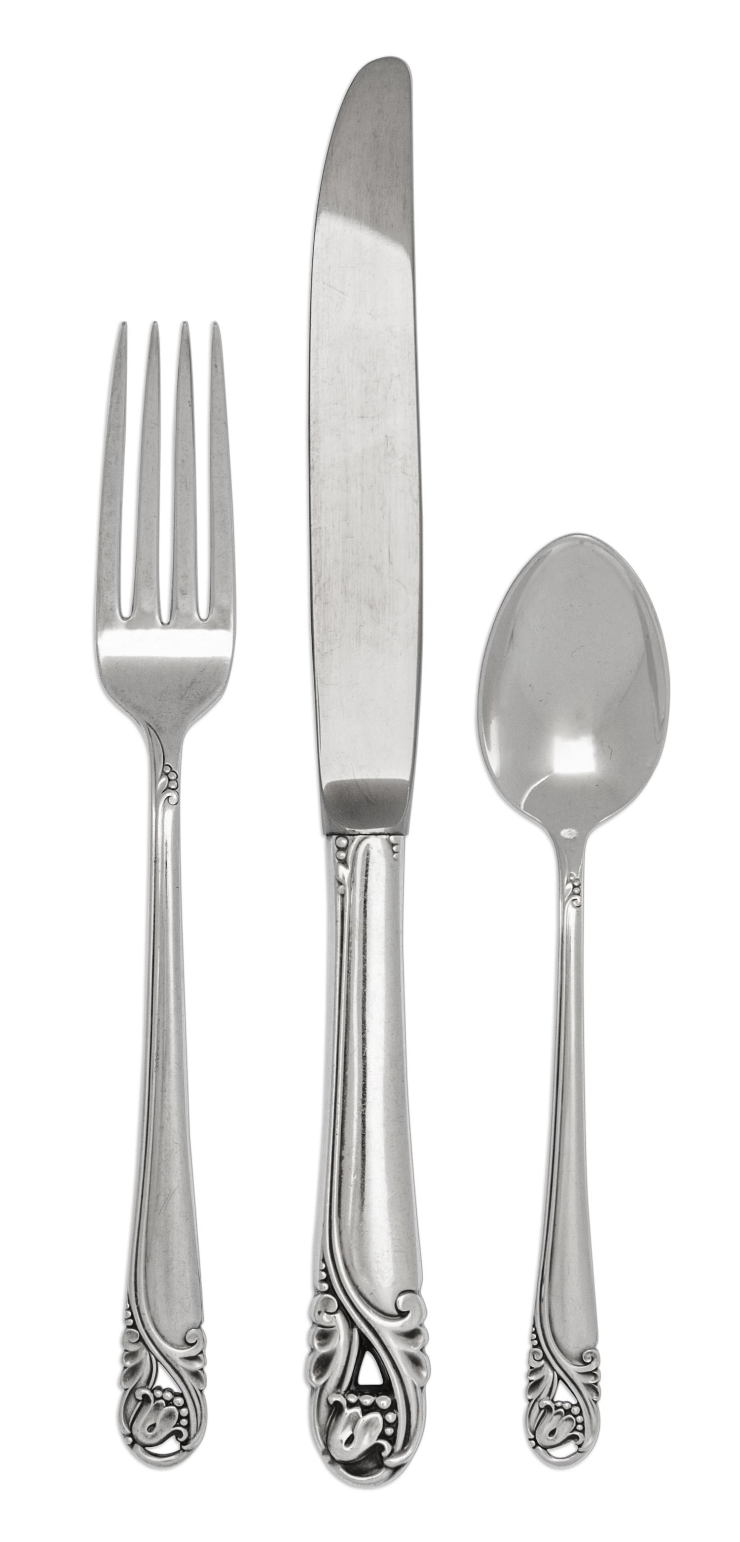 An American Silver Flatware Service, International Silver Co., Meriden, CT, Spring Glory pattern, comprising: 12 dinner forks 12 salad