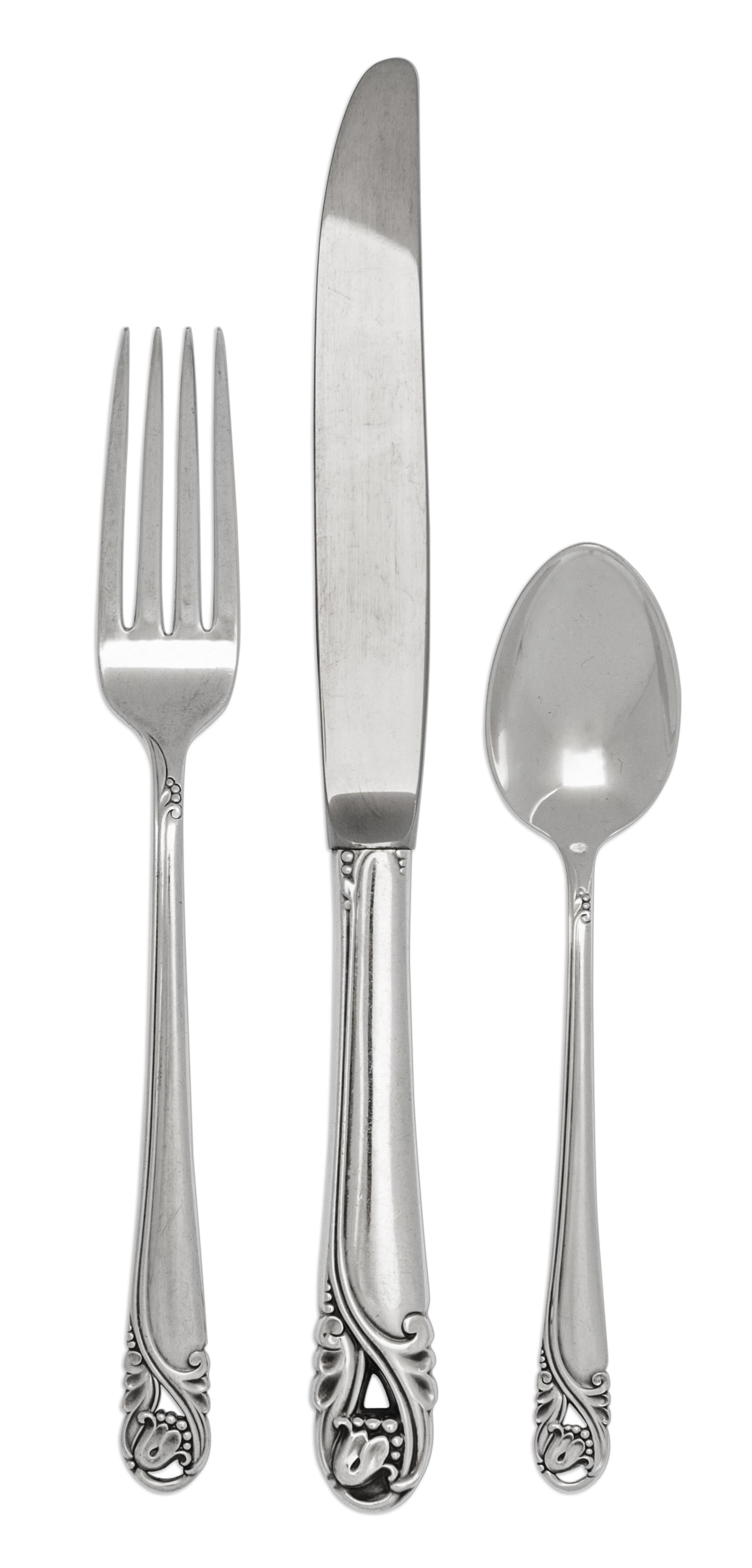 An American Silver Flatware Service, International Silver Co., Meriden, CT, Spring Glory pattern, comprising: 12 dinner forks 12 salad