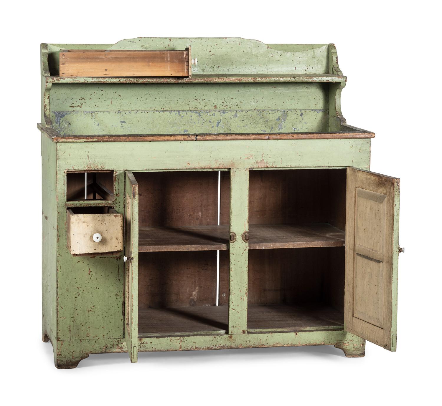 A Country Green and White Painted Tin-Lined Dry Sink