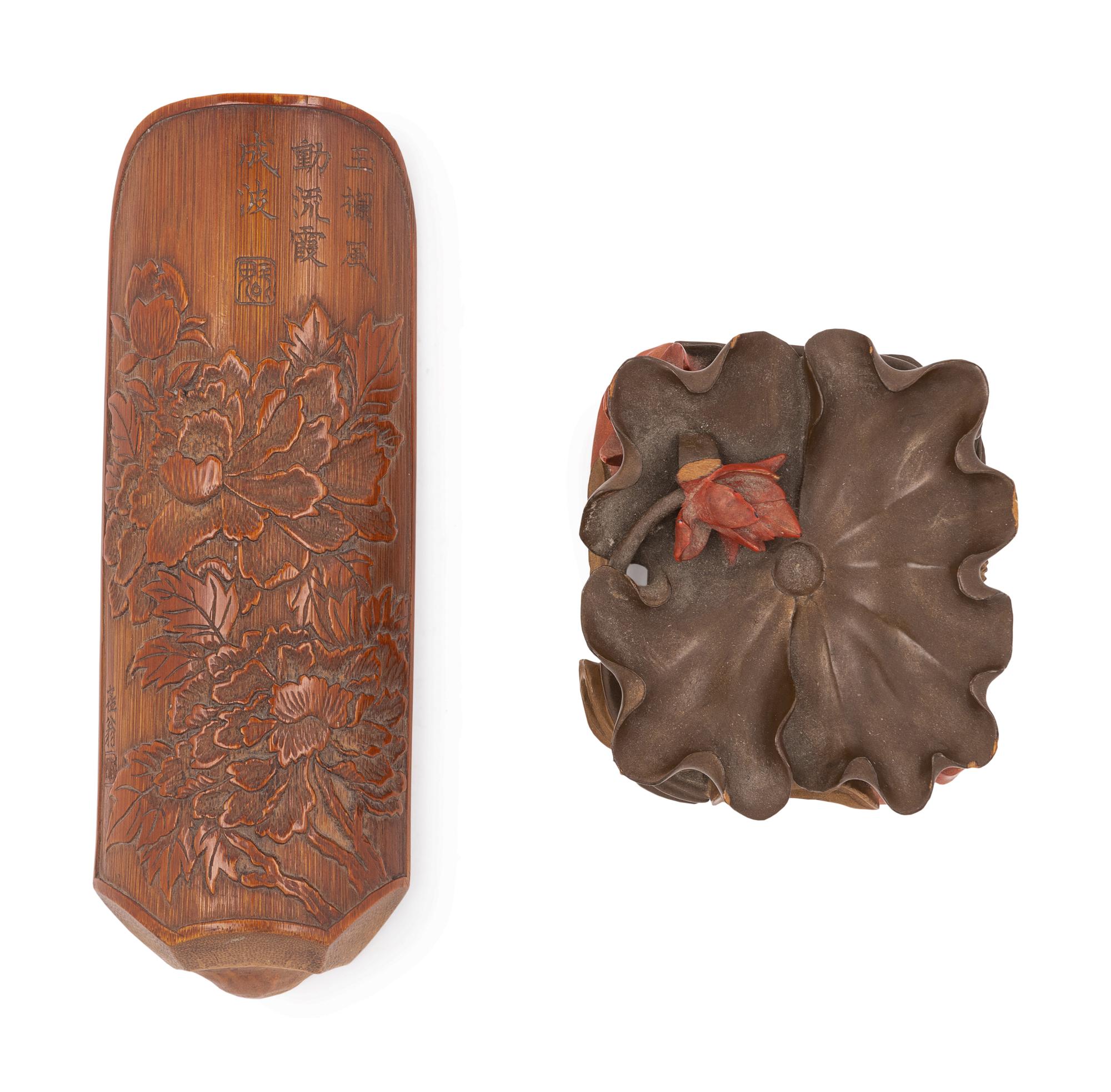 A Carved Bamboo Tea Scoop and a Fuzhou Lacquer Brush Palette