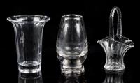 A Collection of Three Glass Vases Height of tallest 9 1/2 inches.