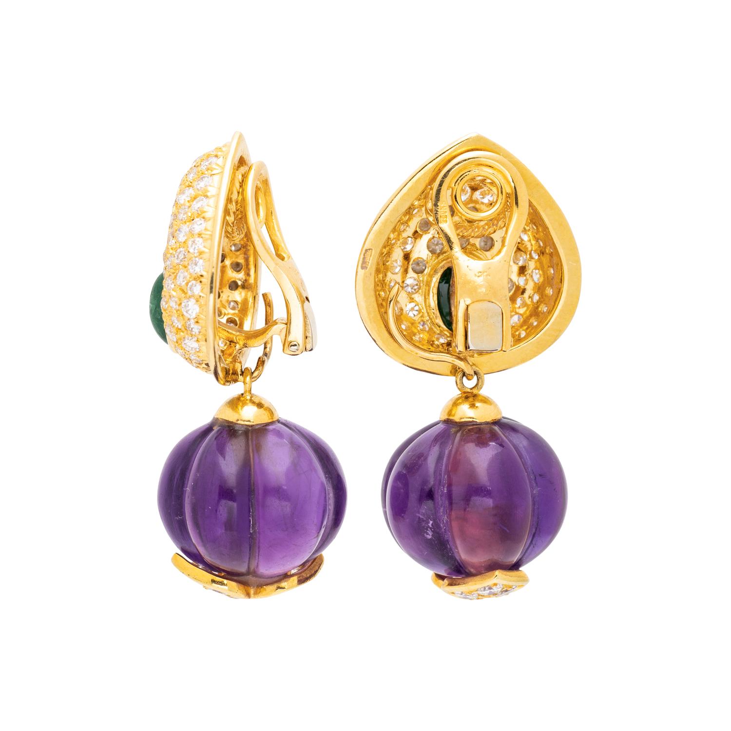 CARVED AMETHYST, EMERALD AND DIAMOND CONVERTIBLE CLIP EARRINGS