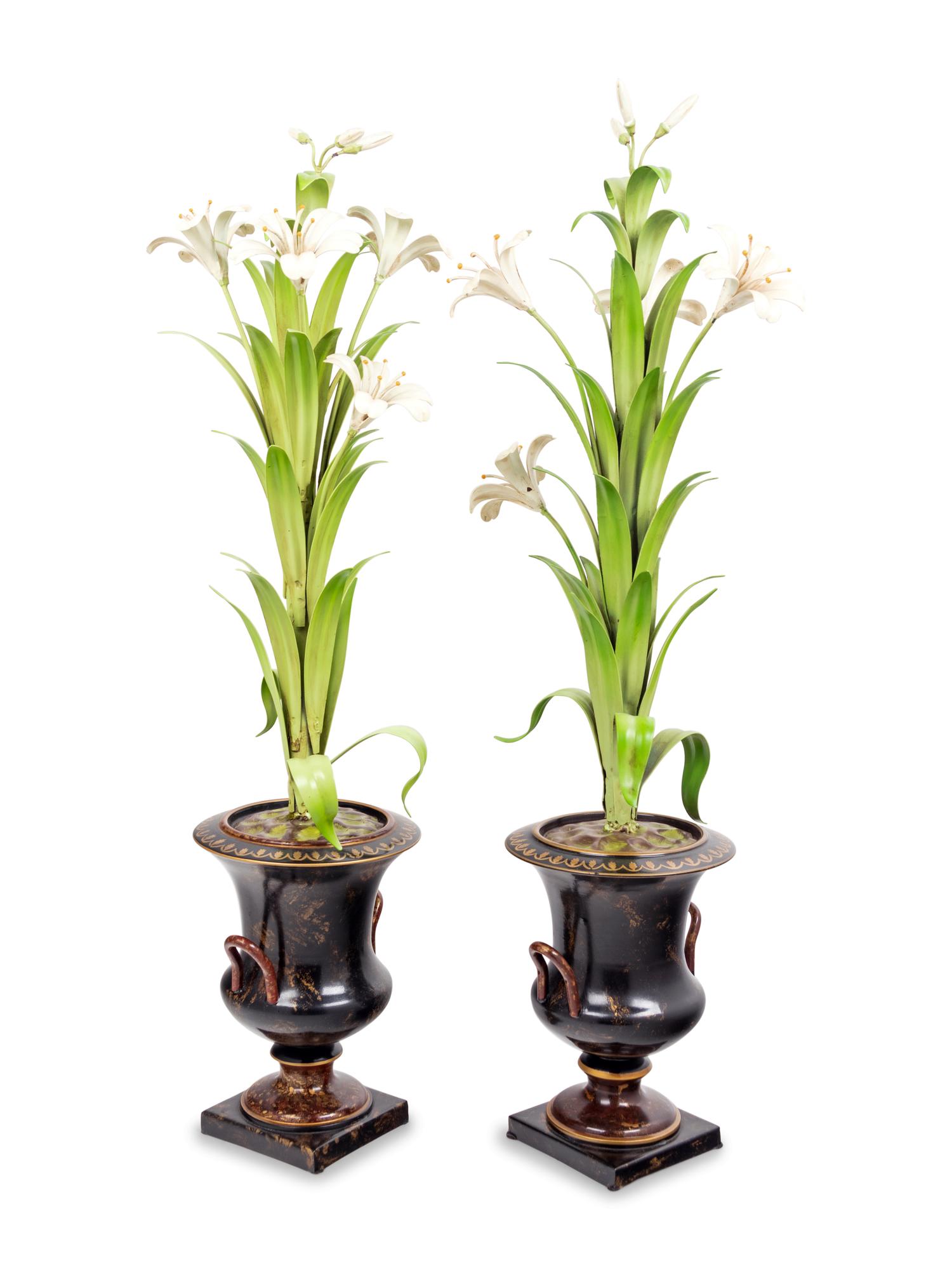 A Pair of Tôle Models of Lilies in Campagna Urns