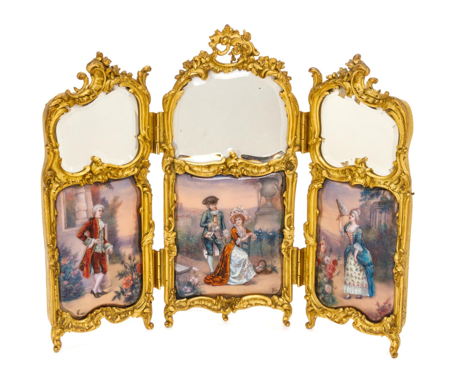 A French Enamel and Gilt Bronze Three-Panel Table Screen, Height of tallest panel 12 inches.