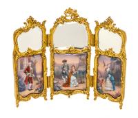 A French Enamel and Gilt Bronze Three-Panel Table Screen, Height of tallest panel 12 inches.