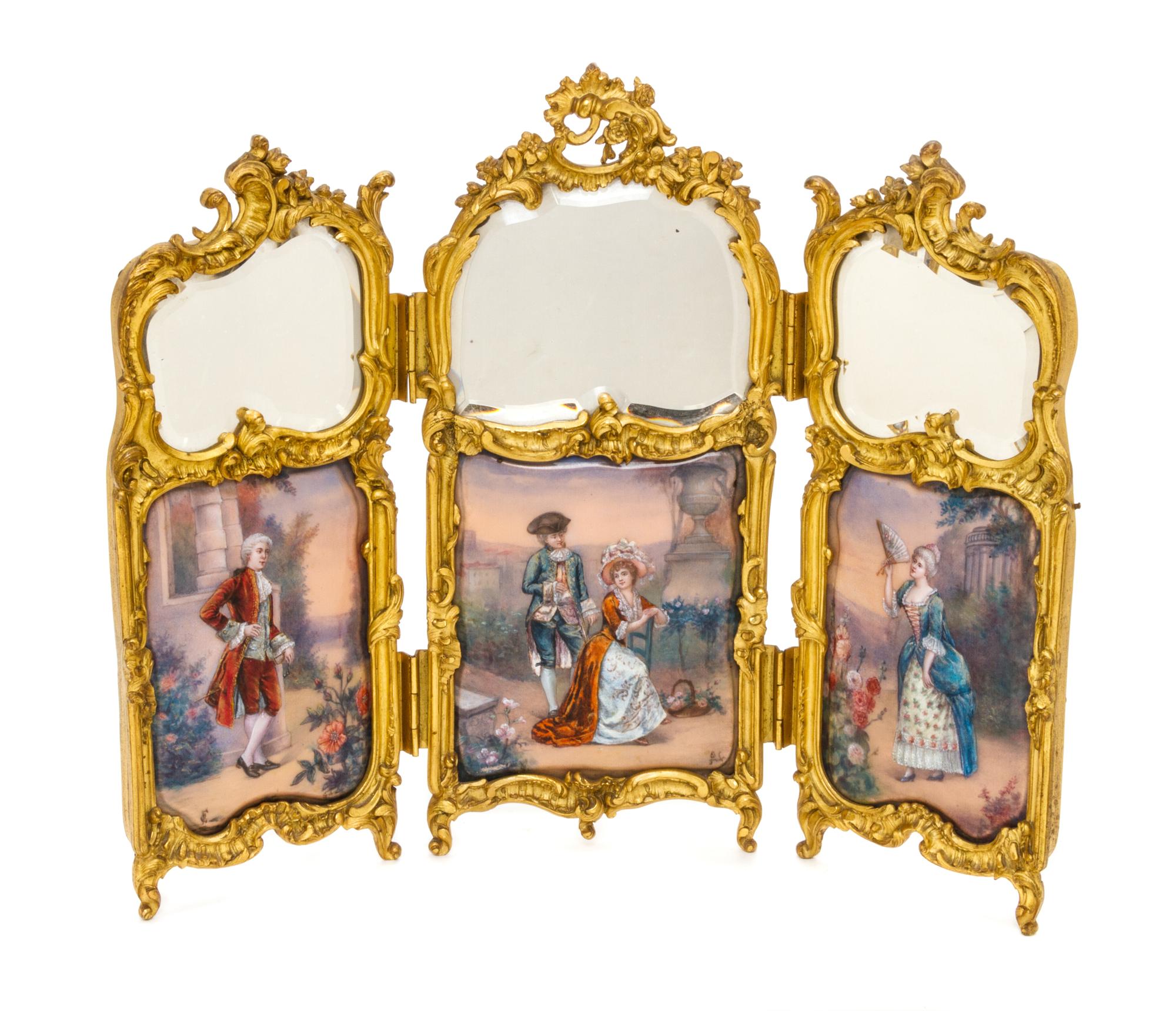 A French Enamel and Gilt Bronze Three-Panel Table Screen, Height of tallest panel 12 inches.