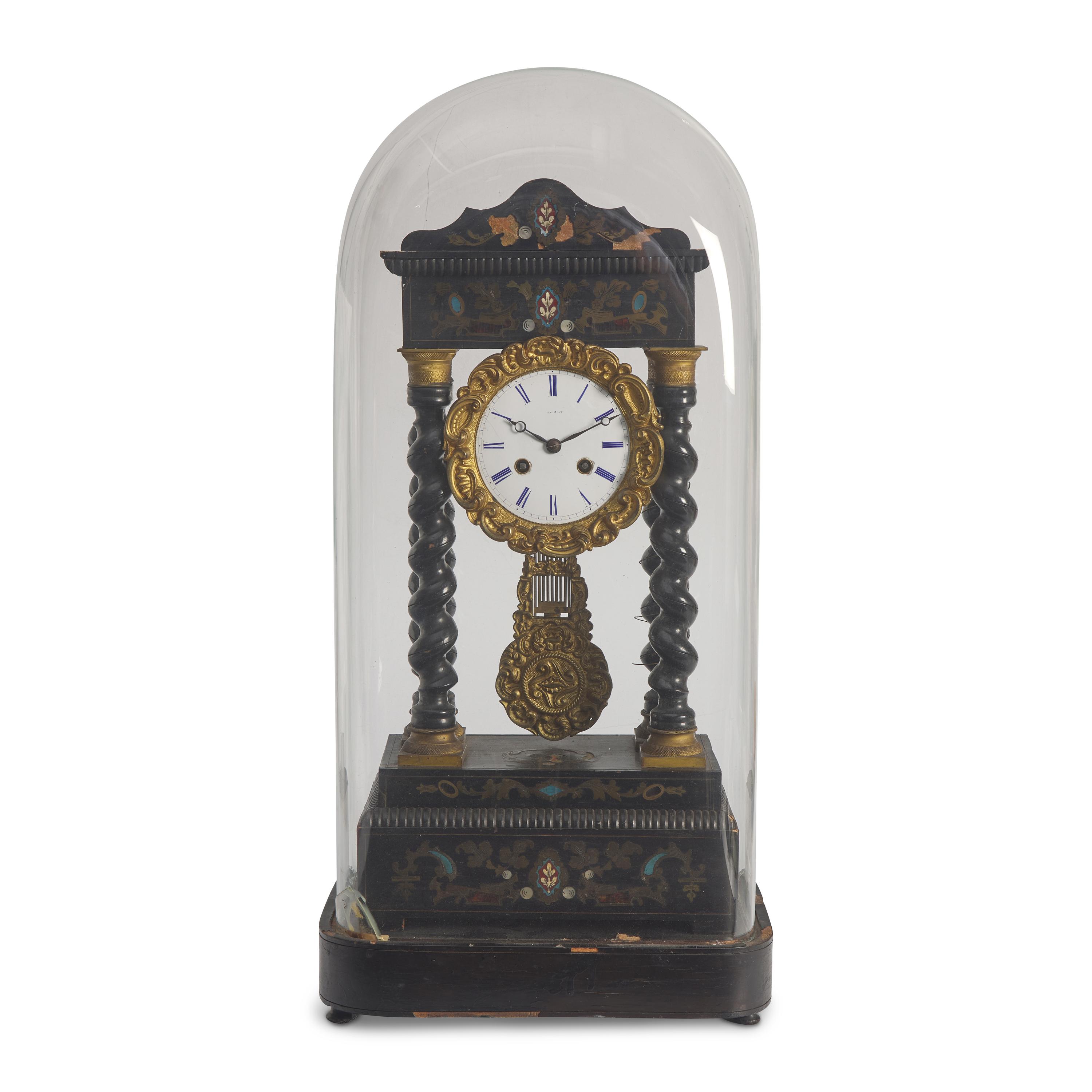 A Continental Brass and Stone Inlaid Portico Clock
