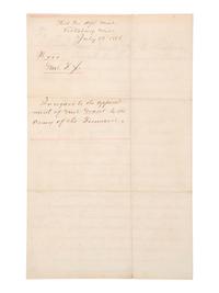[CIVIL WAR]. WOOD, General Thomas J. (1823-1906). Autograph letter signed ("Th: J. Wood") to Bvt. Maj. Gen. J.H. Wilson, regarding the reinstatement of Gen. U.S. Grant's command of the "Army of the Tennessee." Vicksburg, MS, 12 July 1866.