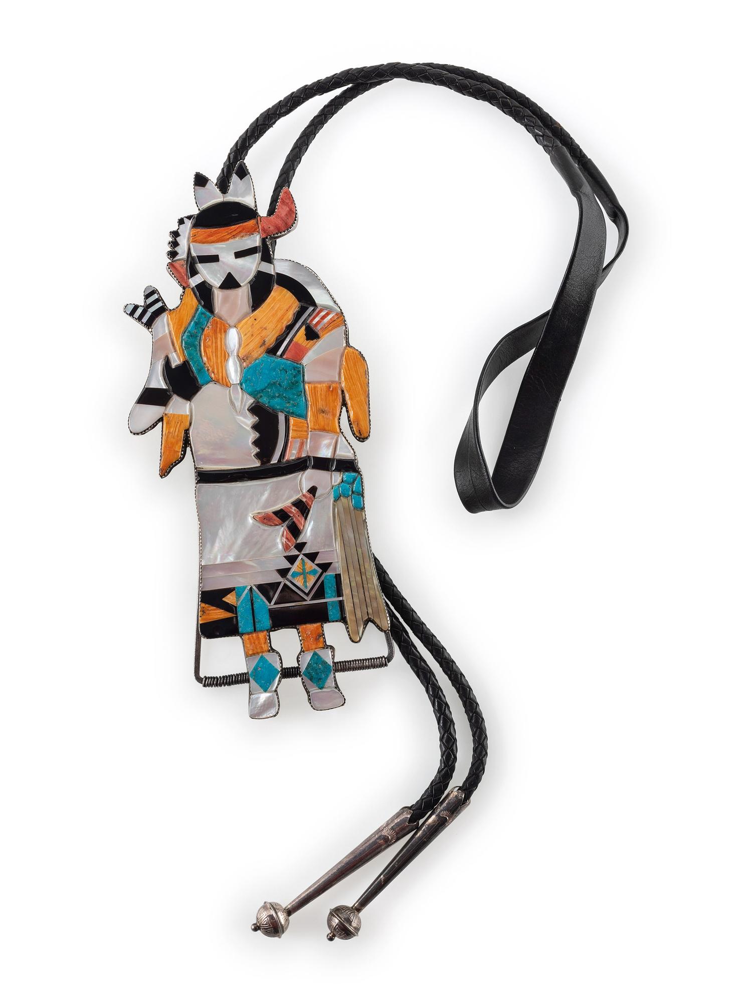 Large Zuni Silver and Mosaic Inlay Figural Bolo Tie