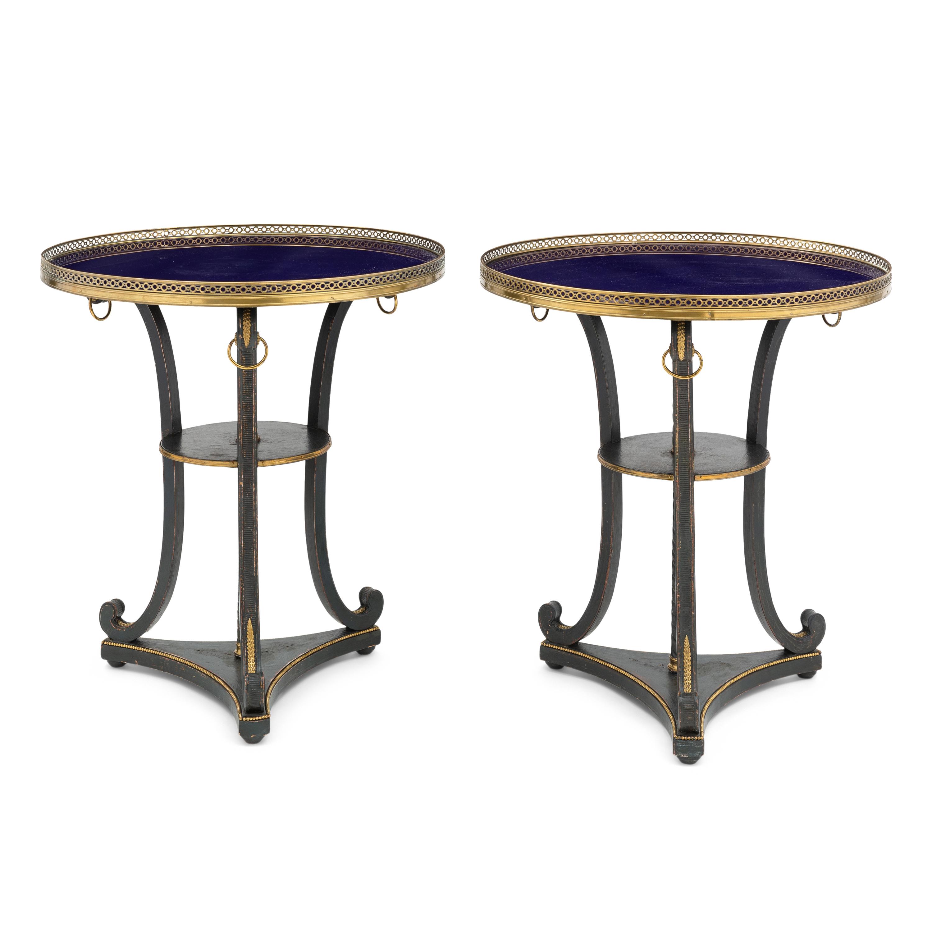 A Pair of Regency Style Brass Mounted and Black-Painted Side Tables