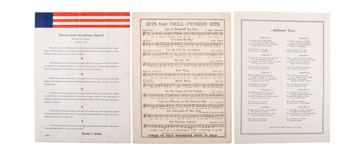 [WILLKIE, Wendell (1892-1944)]. A group of broadsides, sheet music, and campaign ephemera, comprising: