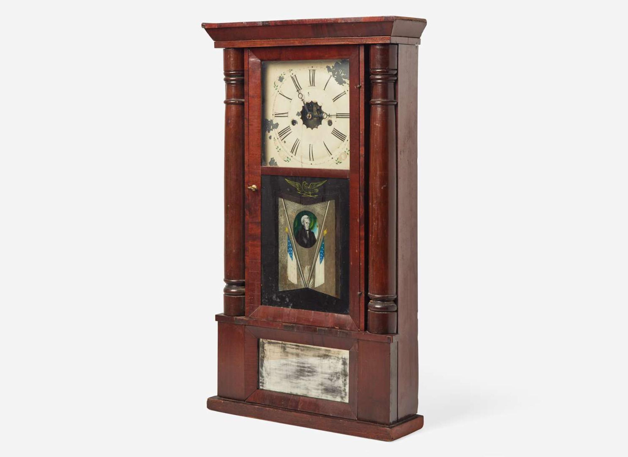 A Classical mahogany mantel clock with Andrew Jackson eglomise panel, bears printed paper label of J.C. Brown, Forrestville, CT, circa 1835