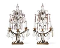 A Pair of French Patinated Bronze and Crystal Candelabra
