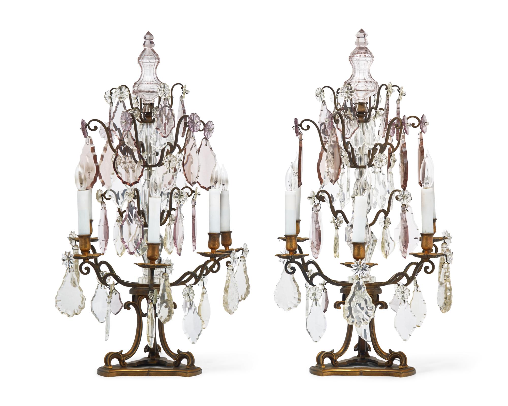 A Pair of French Patinated Bronze and Crystal Candelabra