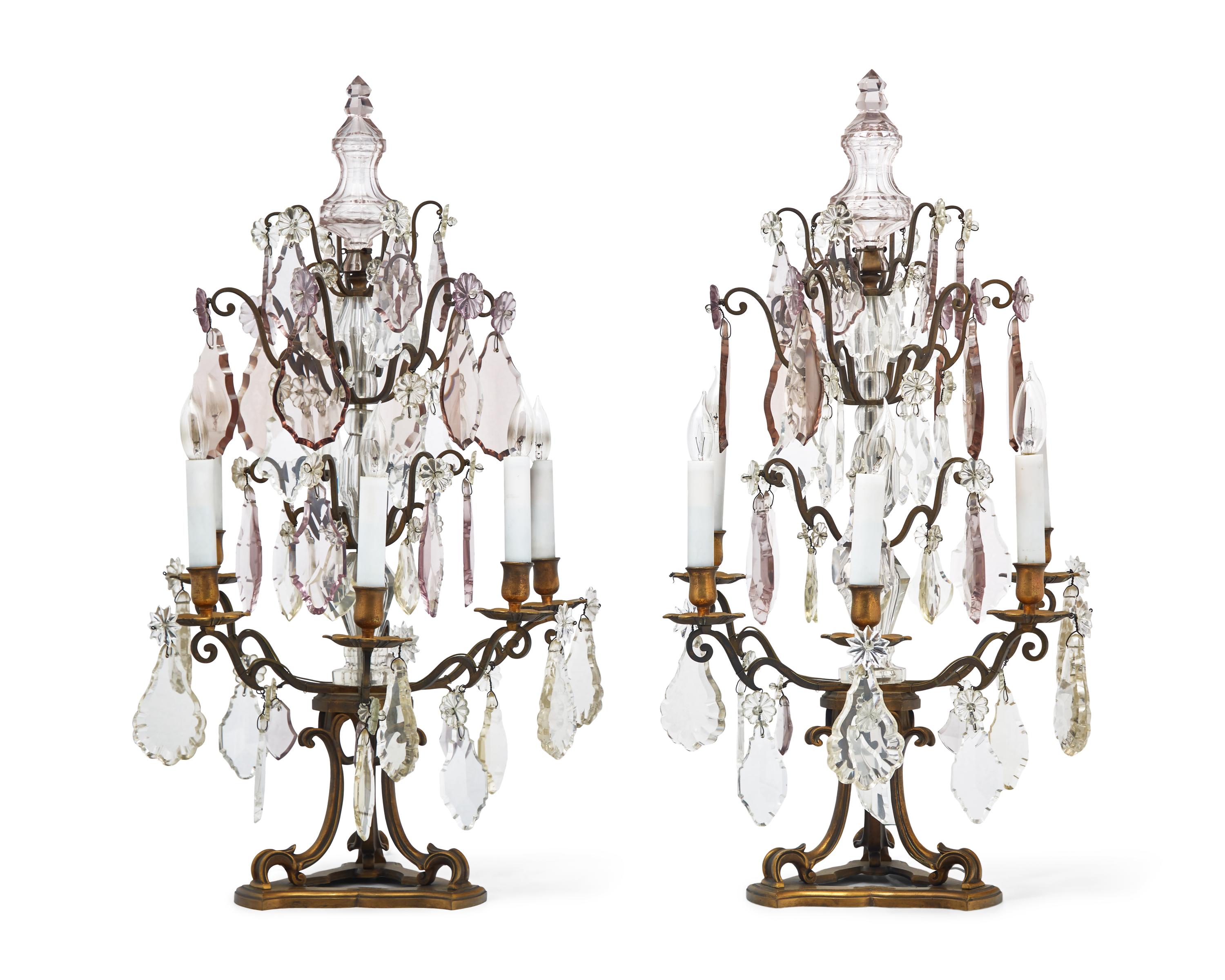 A Pair of French Patinated Bronze and Crystal Candelabra